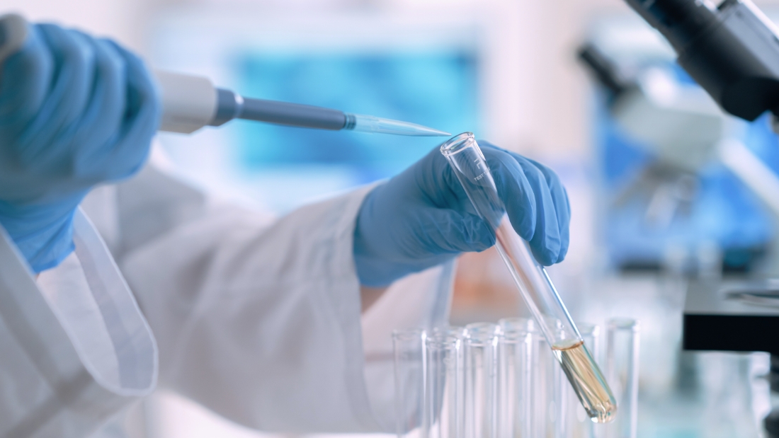 A person in a lab coat holds a test tube, focused on their work in a laboratory setting.